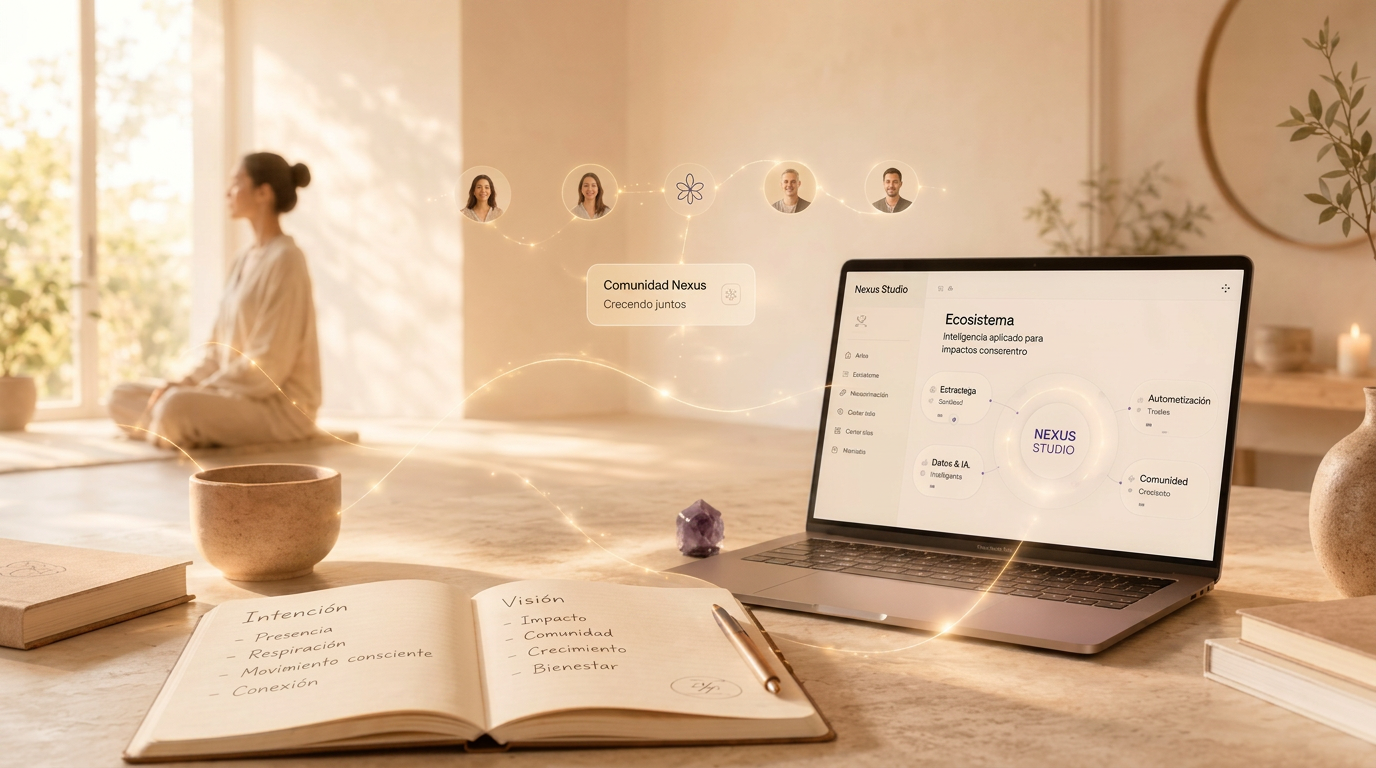 Práctica de yoga en un estudio luminoso con un portátil mostrando el ecosistema Nexus